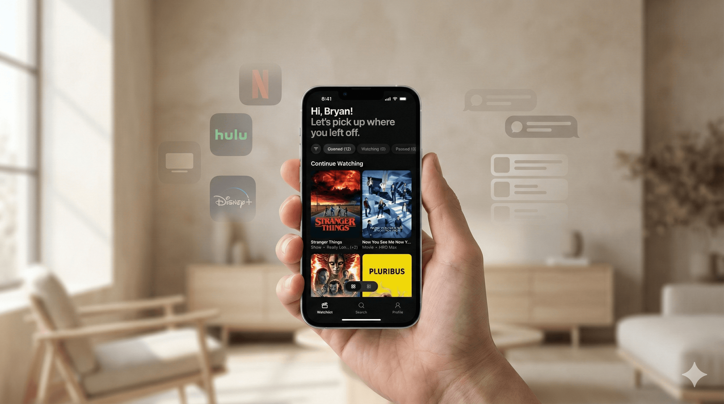 Hand holding smartphone displaying a streaming aggregator app with Netflix, Hulu, Disney+ logos.